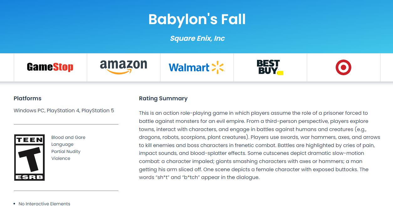 《巴比伦的陨落》通过ESRB评级 游戏包含裸露内容